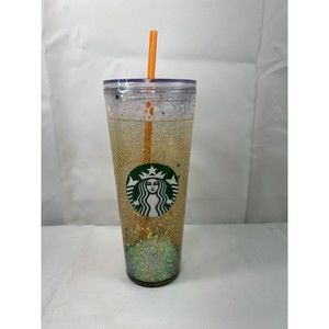 Starbucks Gold Glitter Snow Globe Venti Tumbler 24 oz Cold Cup With‎ Straw